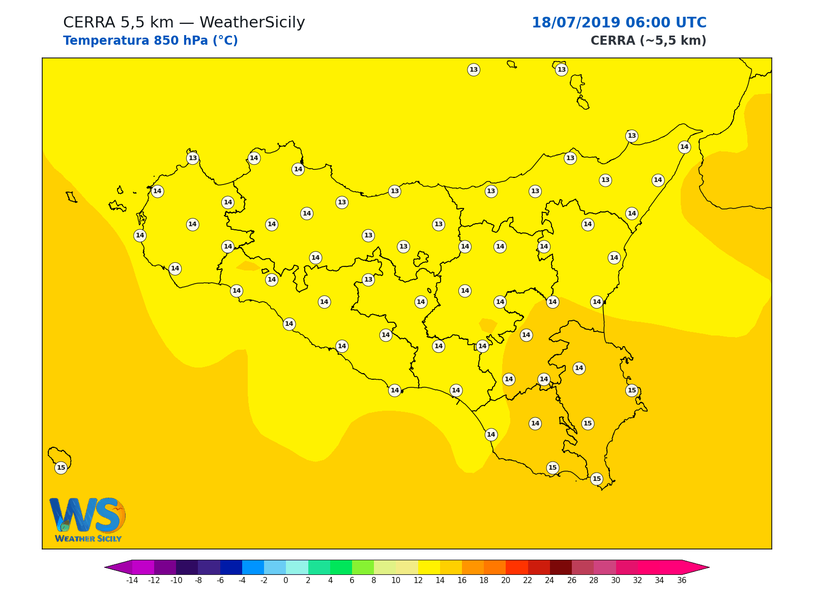 Temperatura a 850 hPa · 2019071806