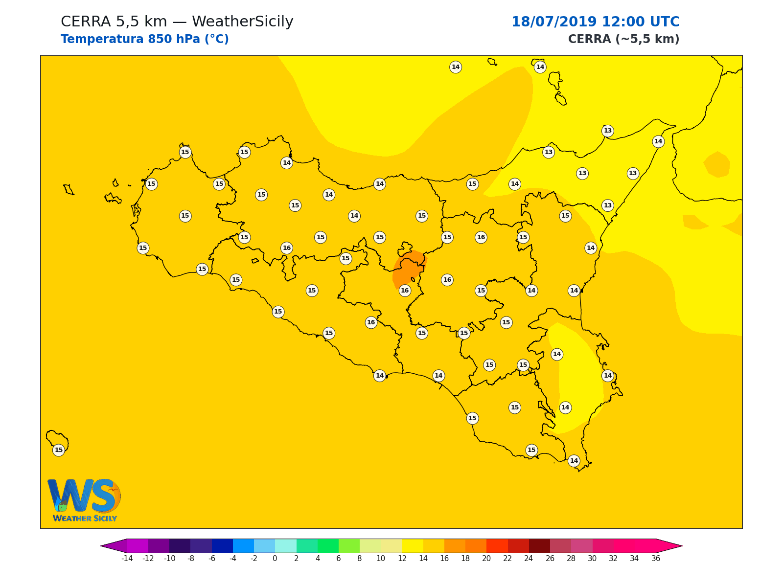Temperatura a 850 hPa · 2019071812