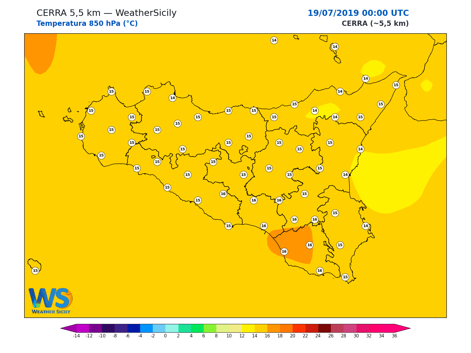 Temperatura a 850 hPa · 2019071900