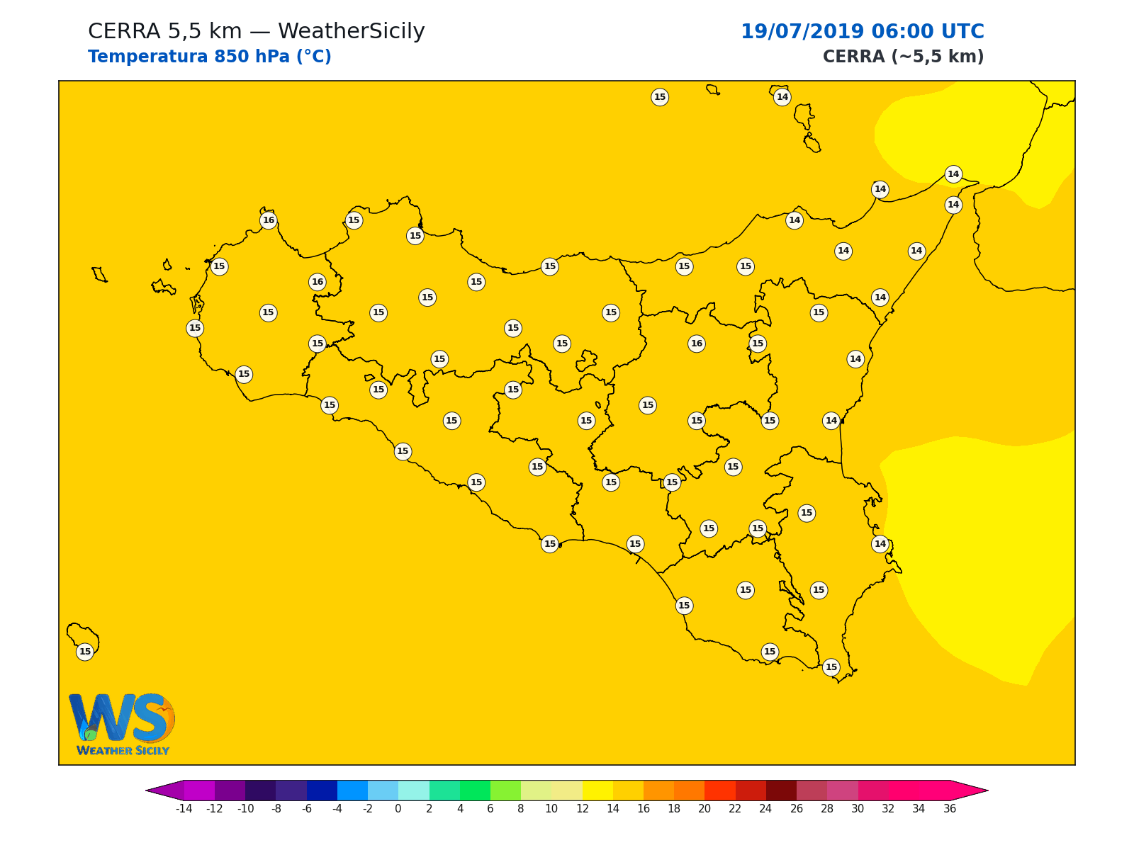 Temperatura a 850 hPa · 2019071906