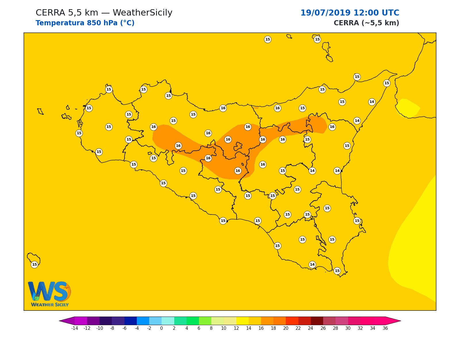 Temperatura a 850 hPa · 2019071912