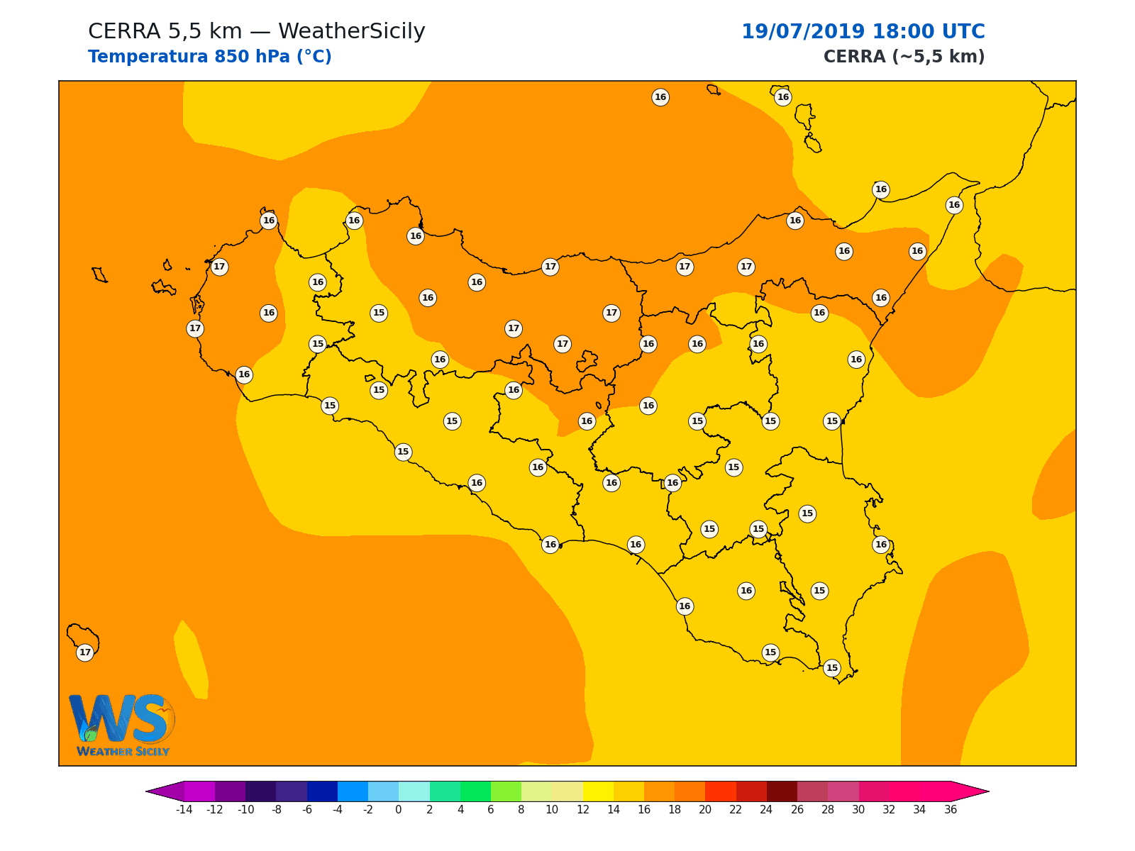 Temperatura a 850 hPa · 2019071918