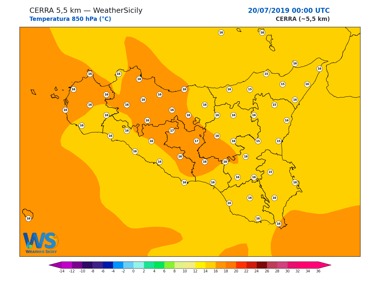 Temperatura a 850 hPa · 2019072000