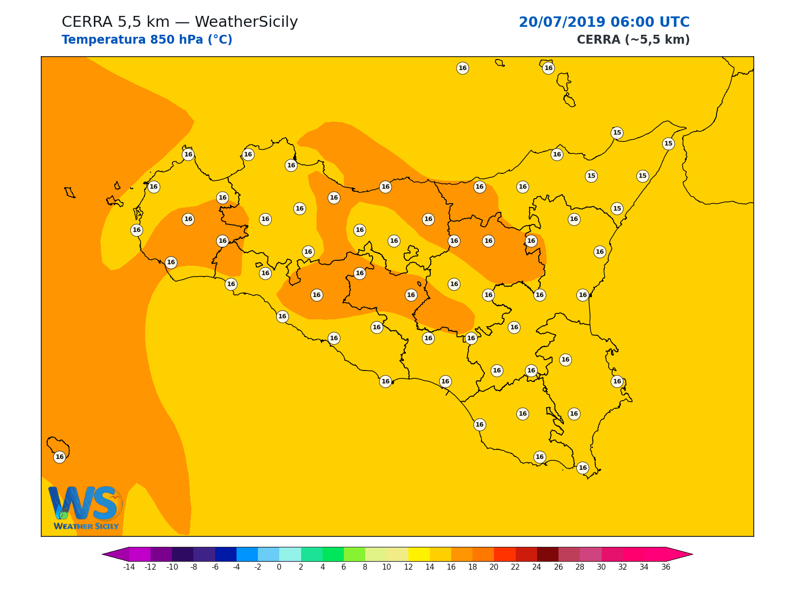Temperatura a 850 hPa · 2019072006