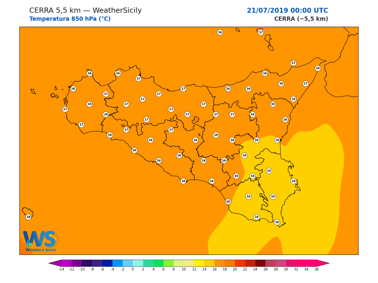 Temperatura a 850 hPa · 2019072100