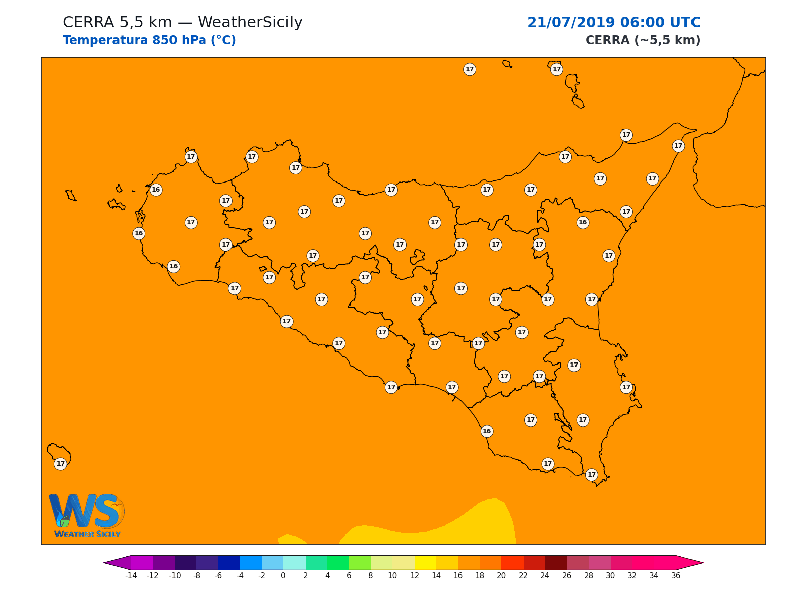 Temperatura a 850 hPa · 2019072106