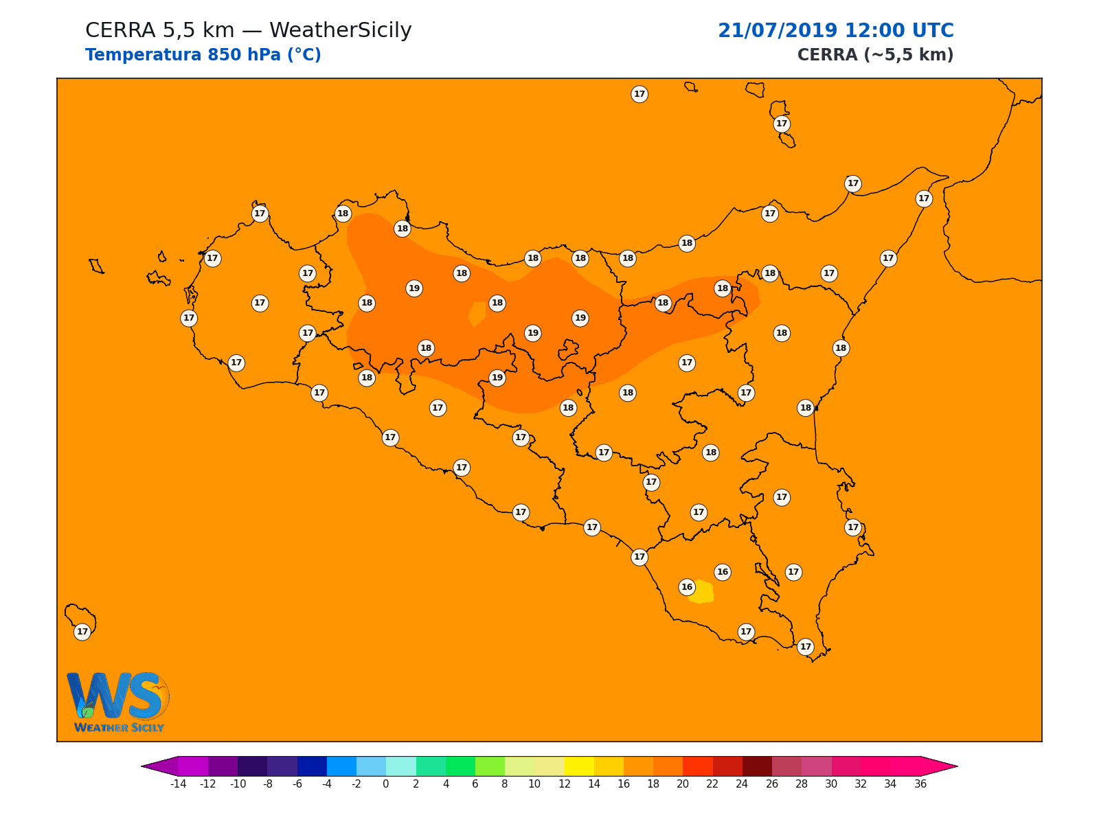 Temperatura a 850 hPa · 2019072112