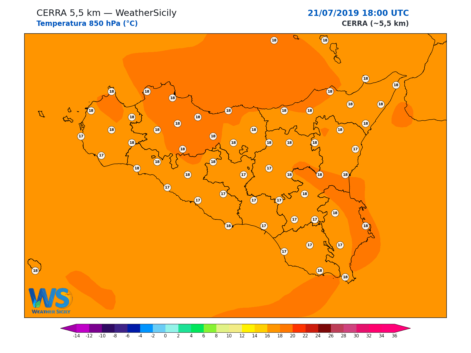 Temperatura a 850 hPa · 2019072118