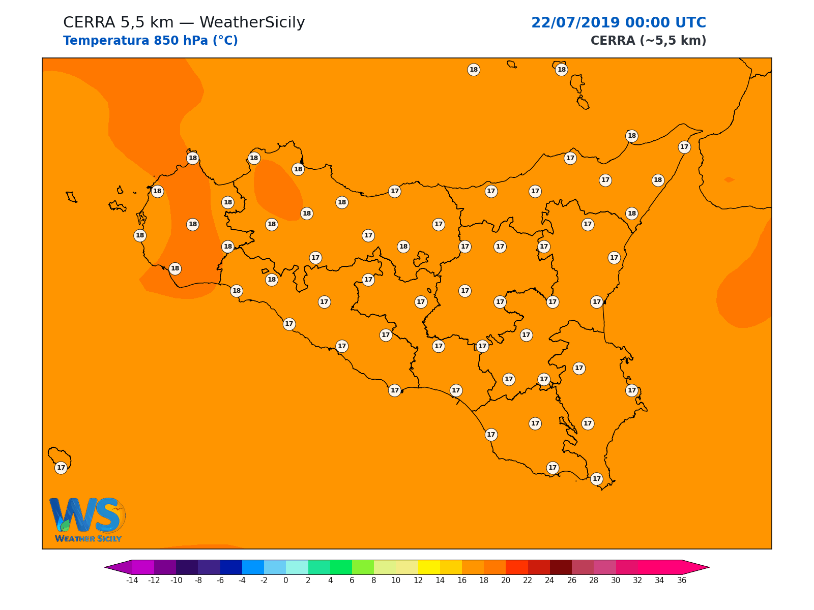 Temperatura a 850 hPa · 2019072200