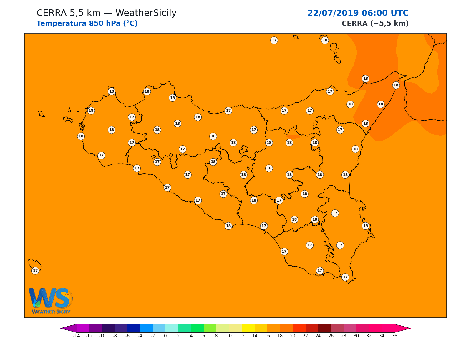 Temperatura a 850 hPa · 2019072206