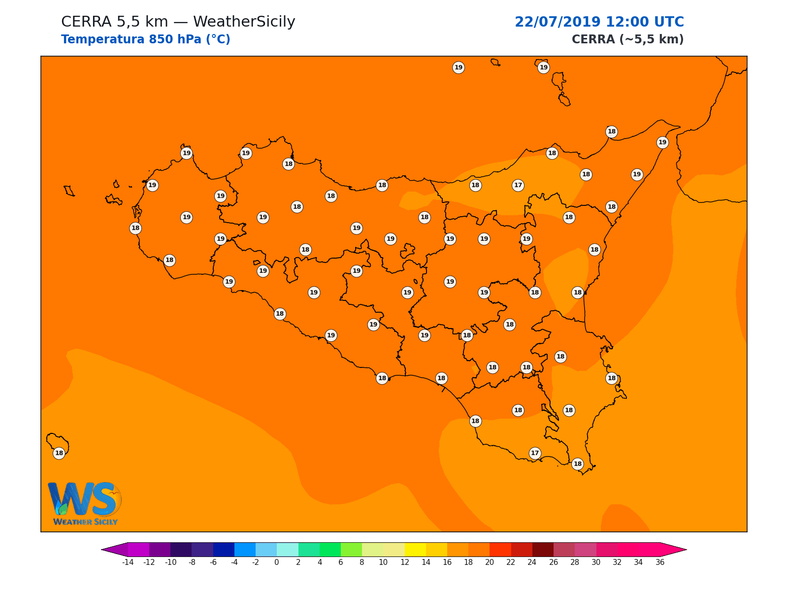 Temperatura a 850 hPa · 2019072212