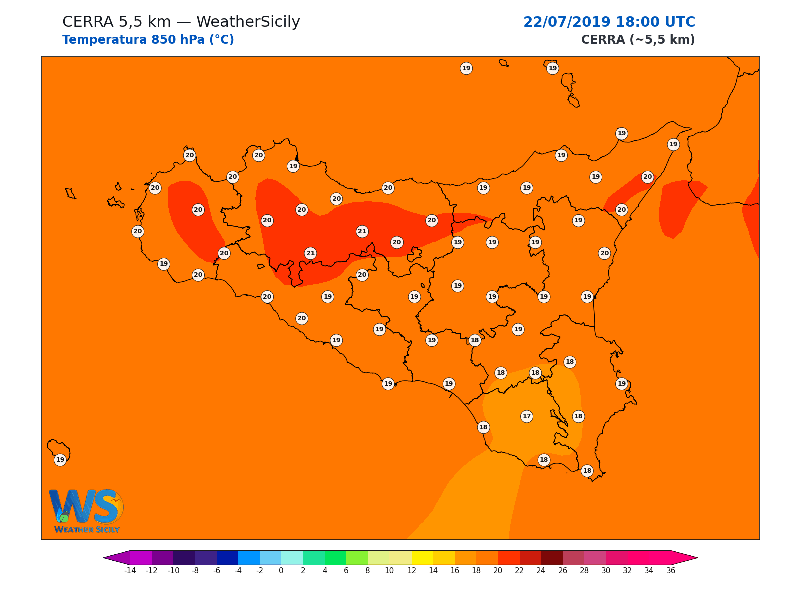 Temperatura a 850 hPa · 2019072218