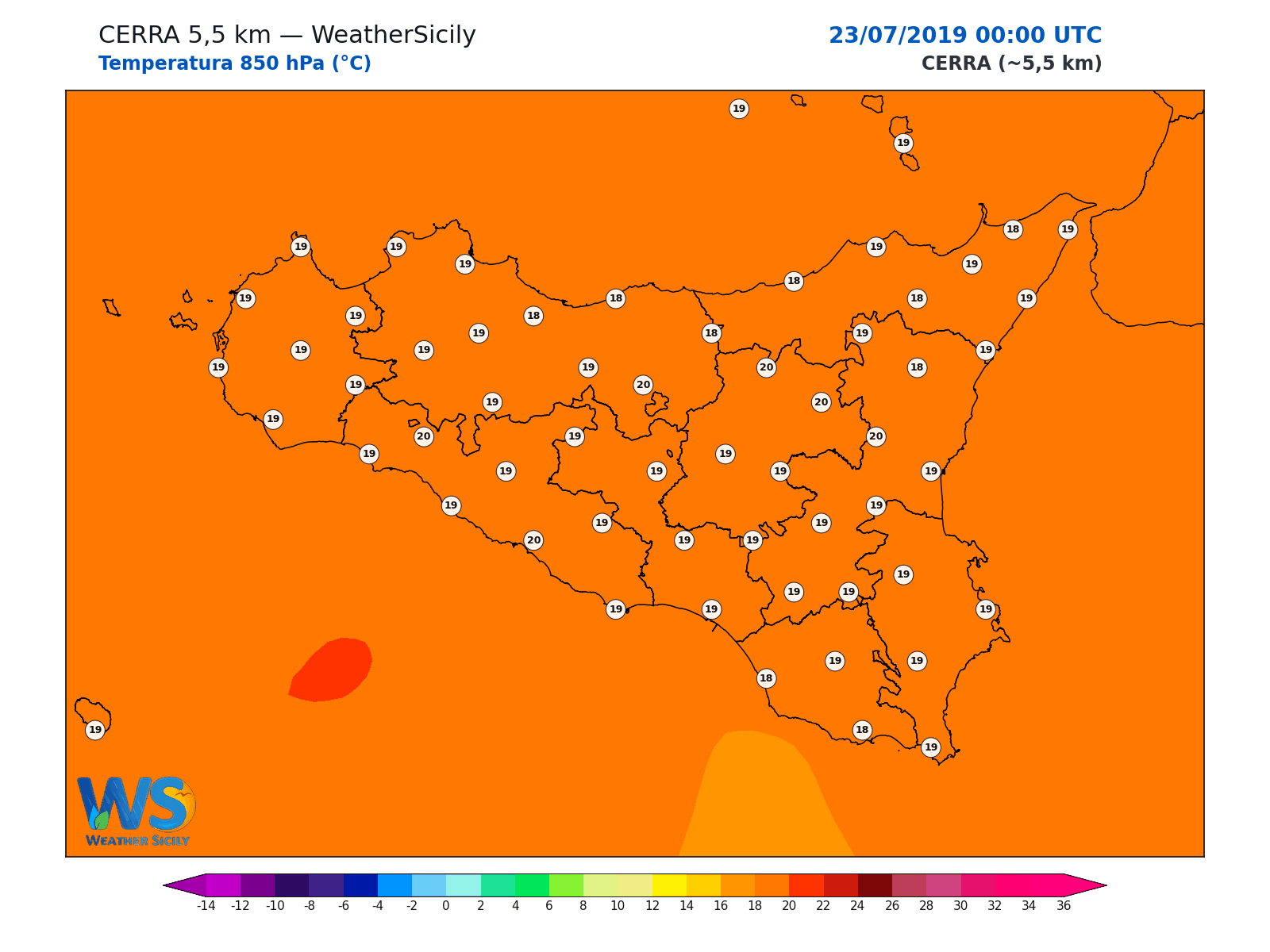 Temperatura a 850 hPa · 2019072300