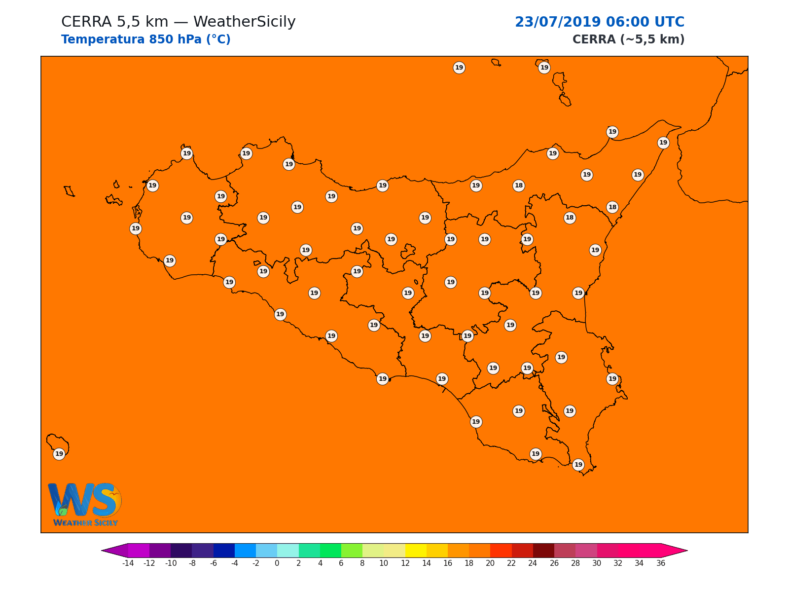 Temperatura a 850 hPa · 2019072306