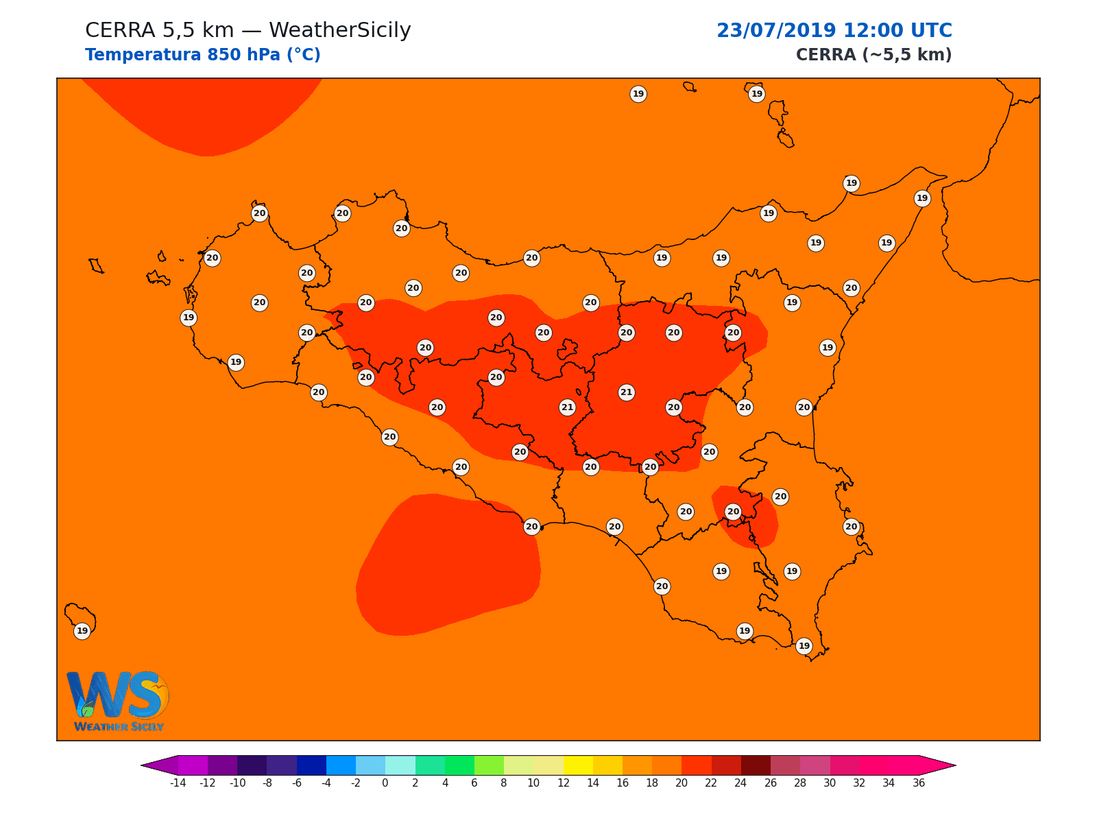Temperatura a 850 hPa · 2019072312