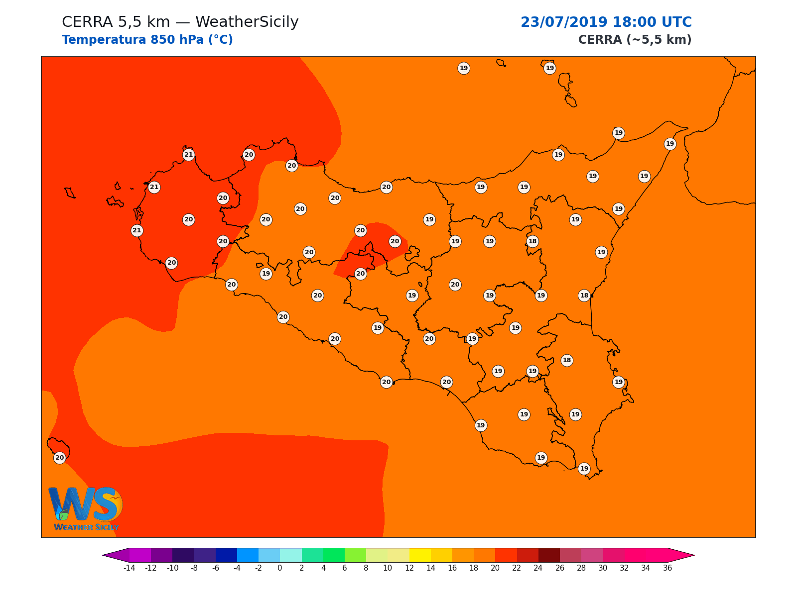 Temperatura a 850 hPa · 2019072318
