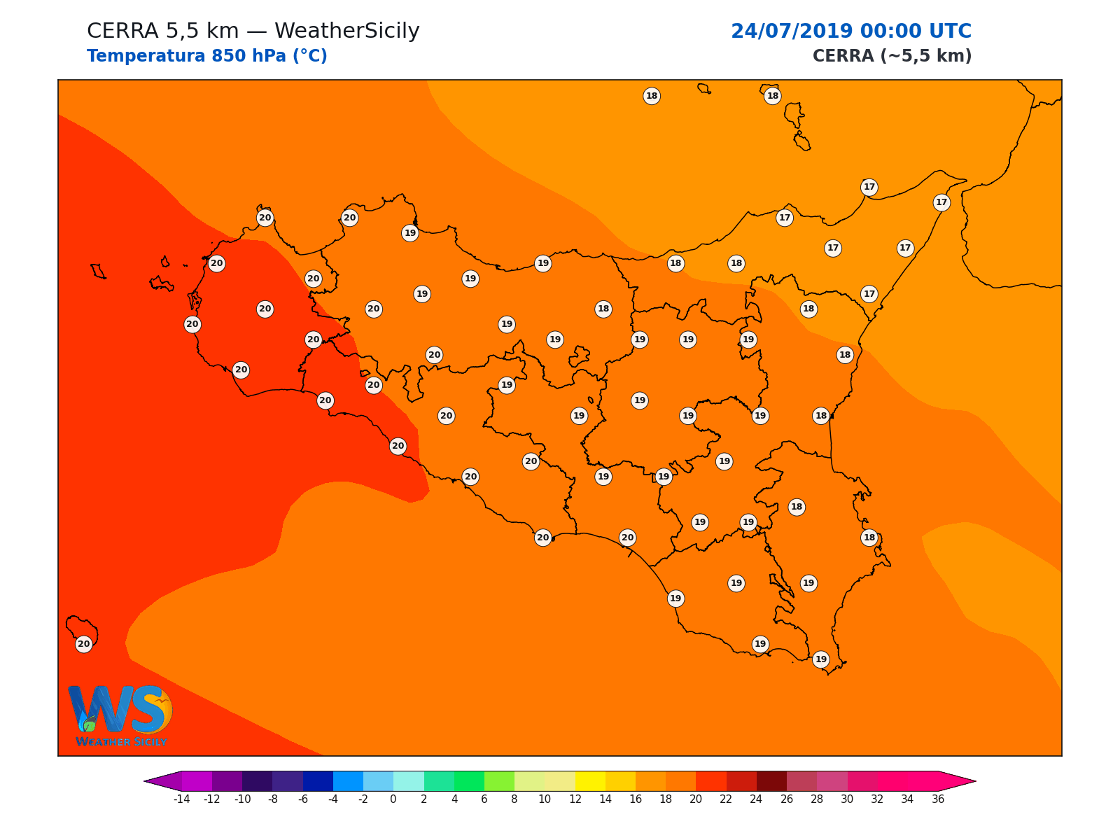 Temperatura a 850 hPa · 2019072400