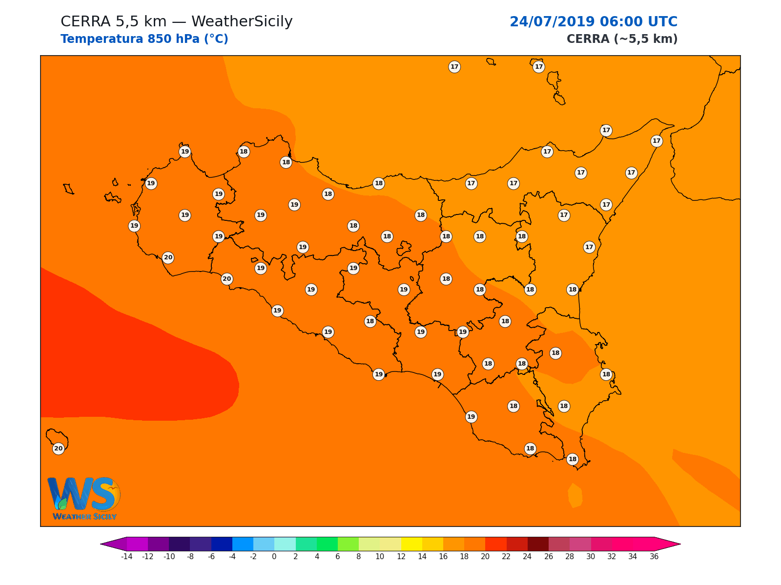 Temperatura a 850 hPa · 2019072406