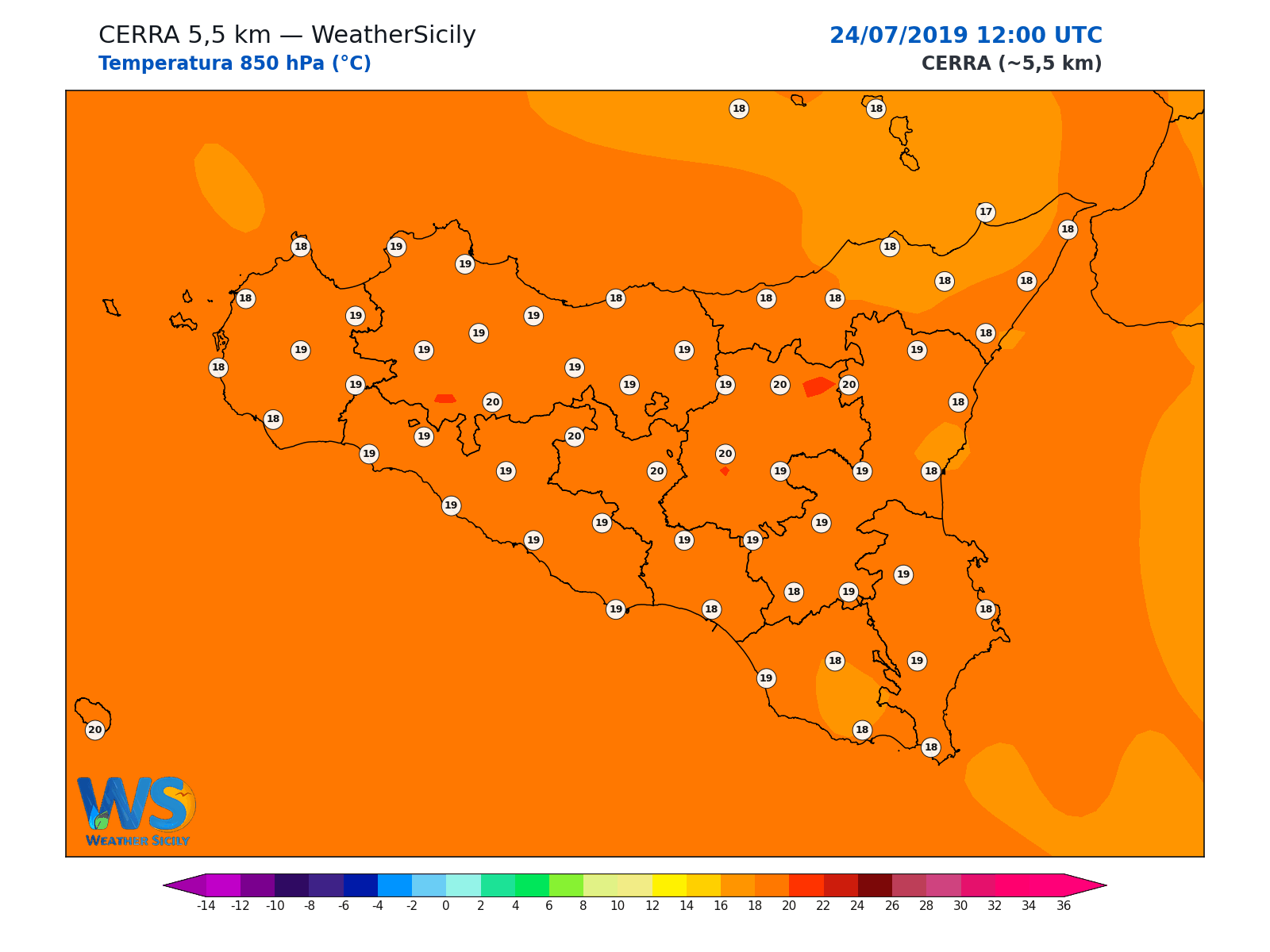Temperatura a 850 hPa · 2019072412