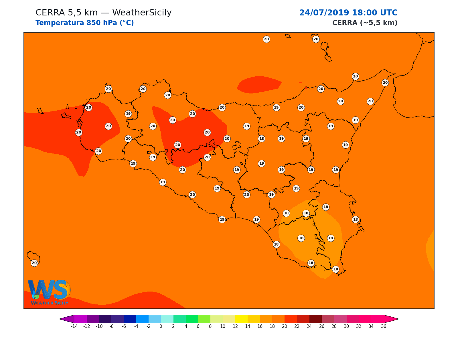 Temperatura a 850 hPa · 2019072418
