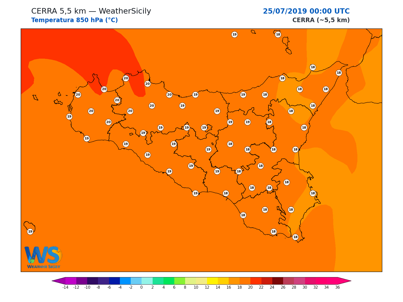 Temperatura a 850 hPa · 2019072500