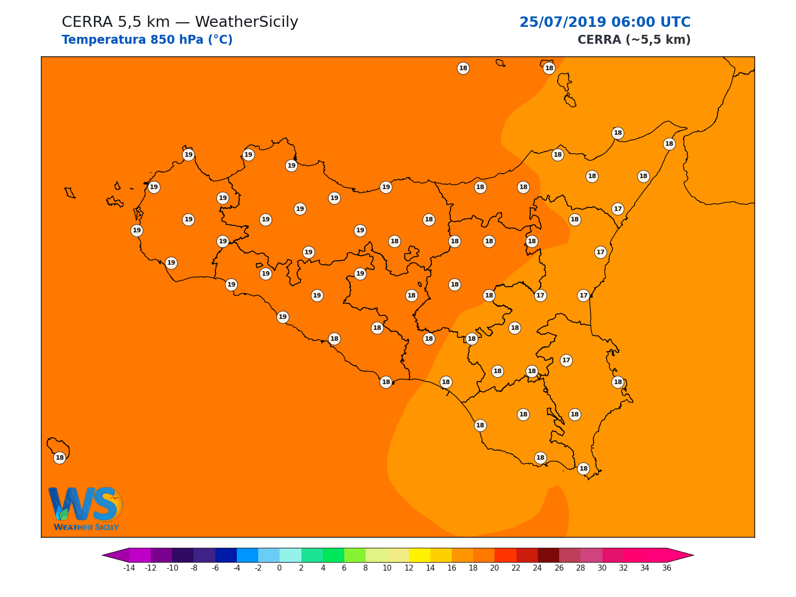 Temperatura a 850 hPa · 2019072506