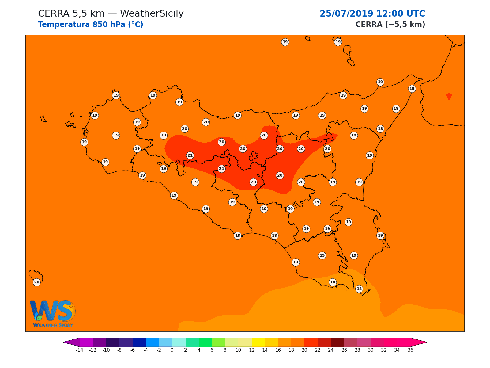 Temperatura a 850 hPa · 2019072512
