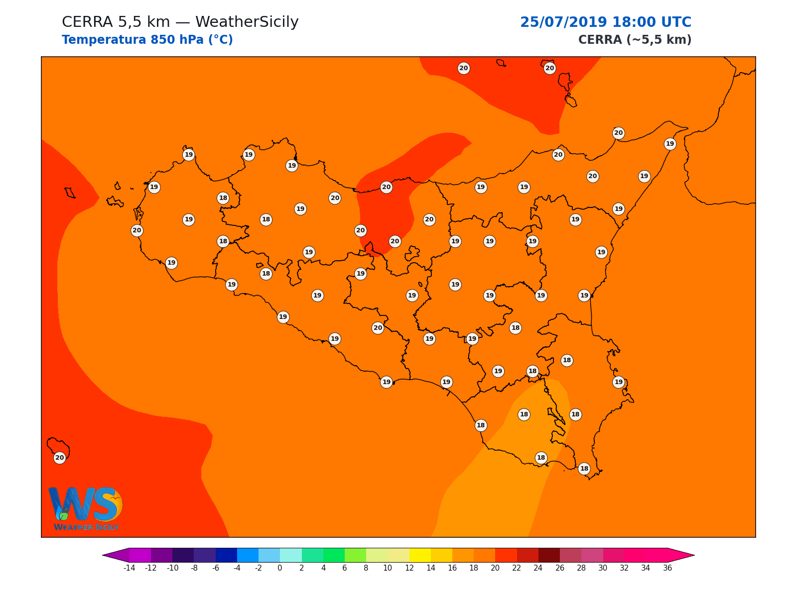 Temperatura a 850 hPa · 2019072518