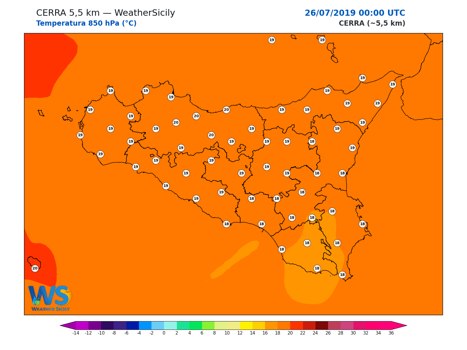 Temperatura a 850 hPa · 2019072600