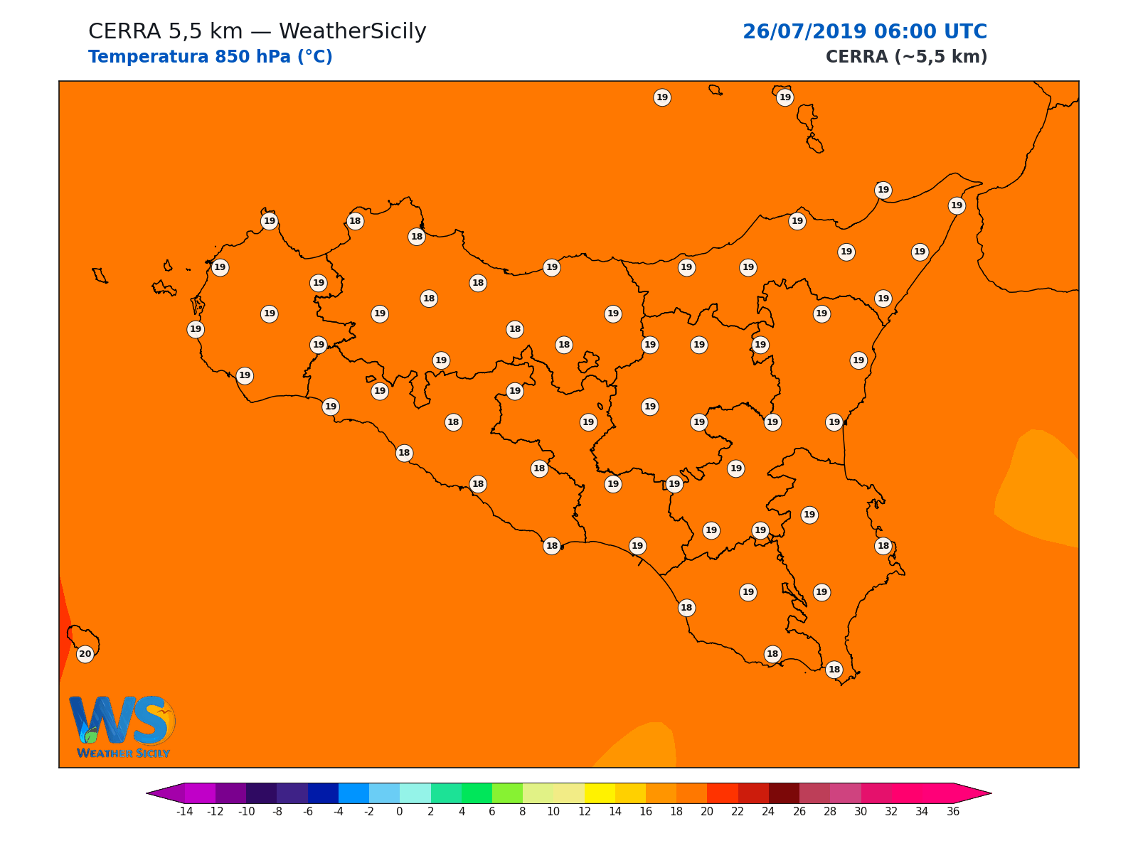 Temperatura a 850 hPa · 2019072606