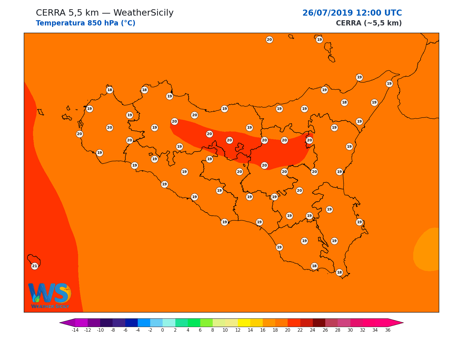 Temperatura a 850 hPa · 2019072612