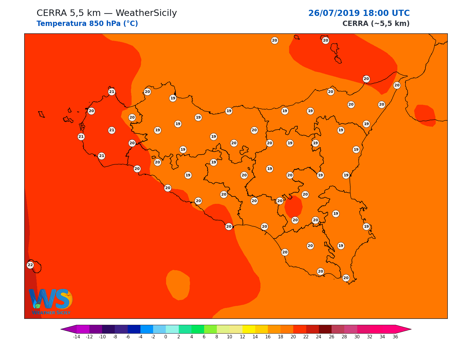 Temperatura a 850 hPa · 2019072618
