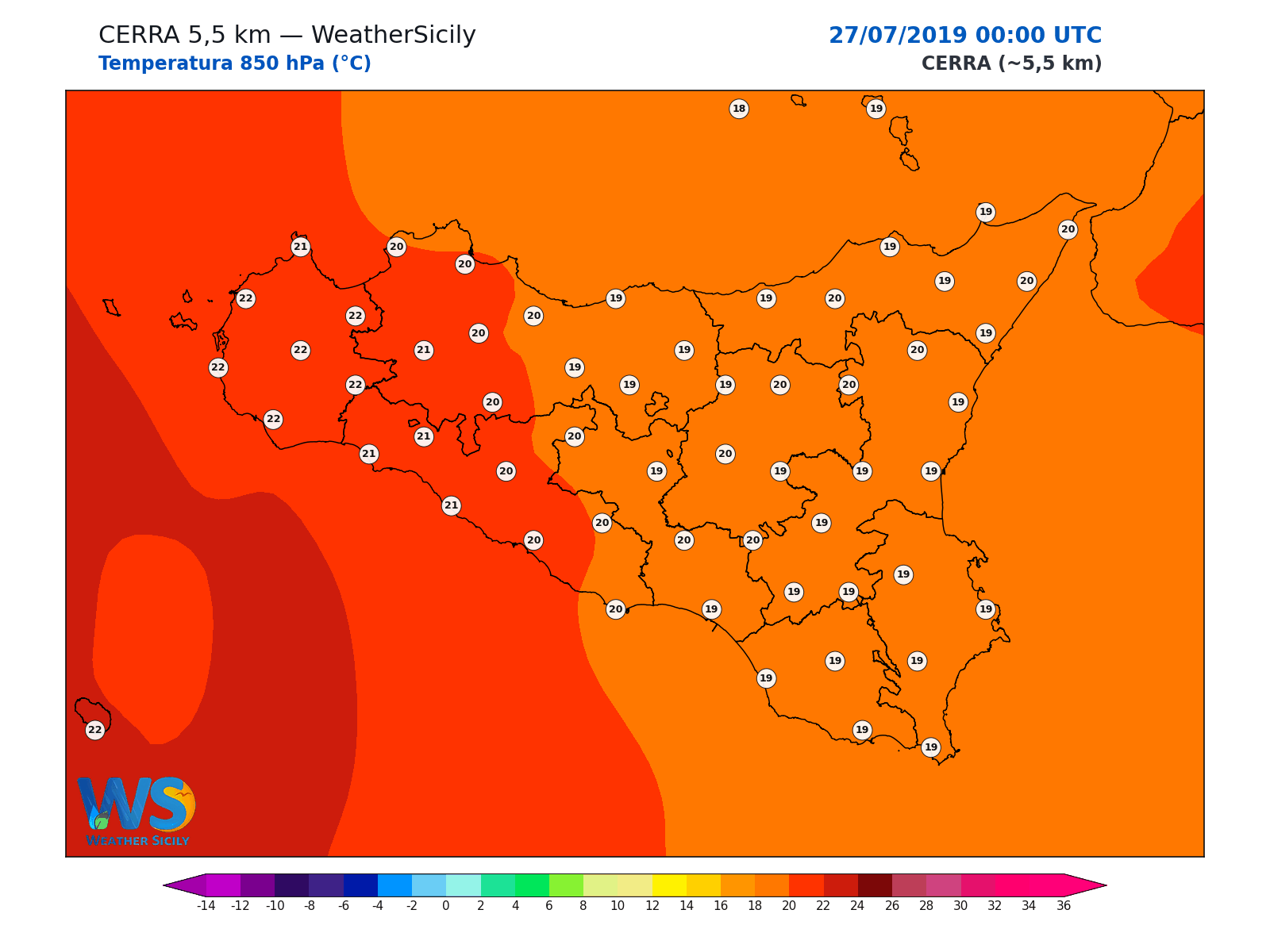 Temperatura a 850 hPa · 2019072700
