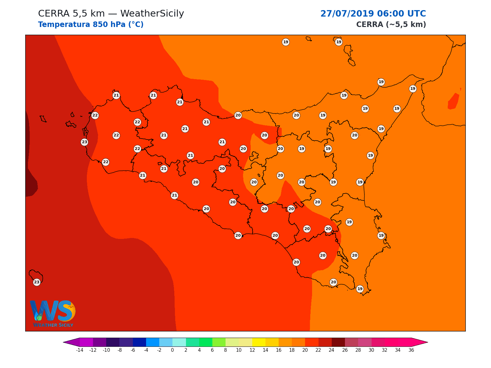 Temperatura a 850 hPa · 2019072706