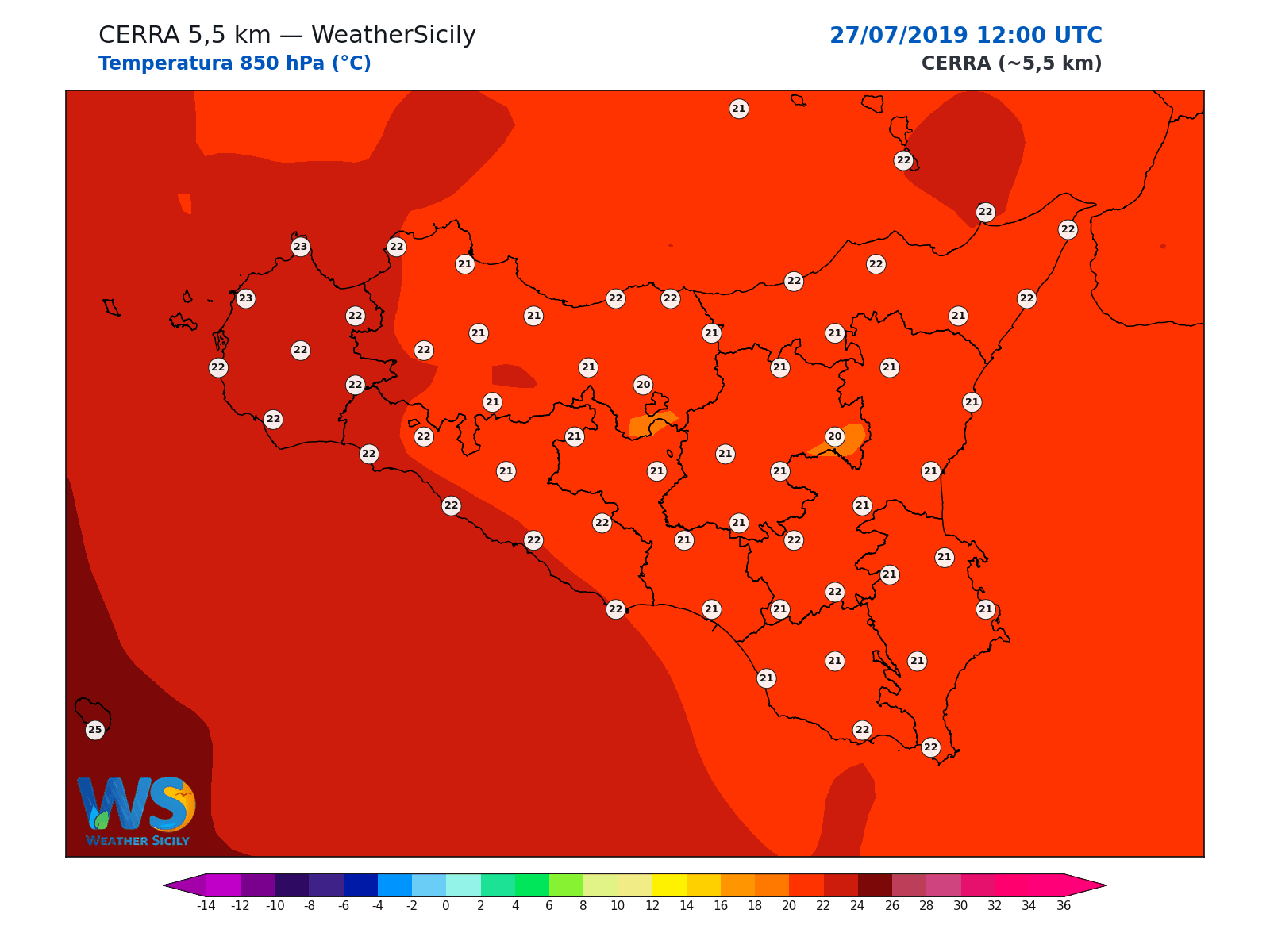 Temperatura a 850 hPa · 2019072712