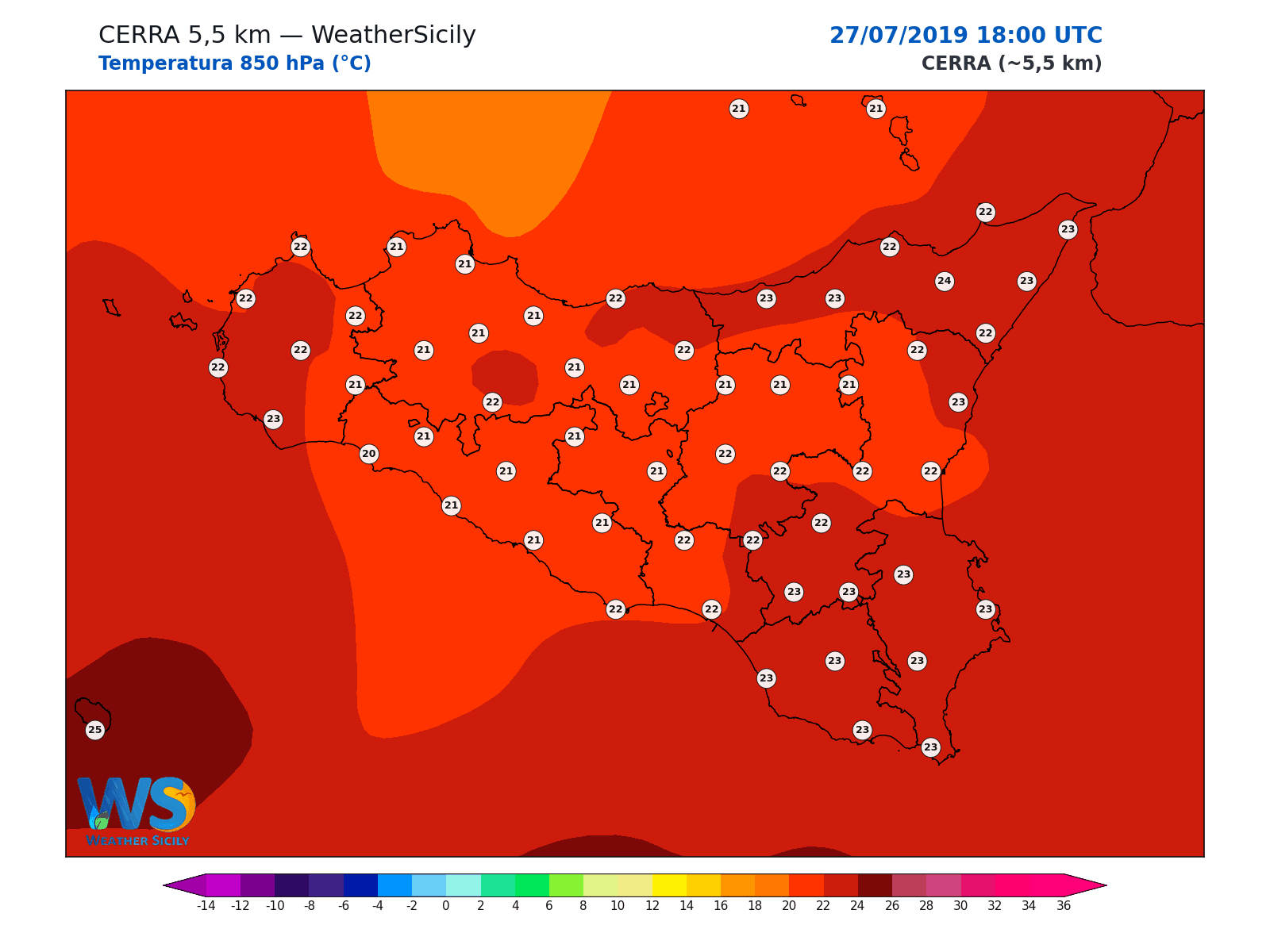 Temperatura a 850 hPa · 2019072718
