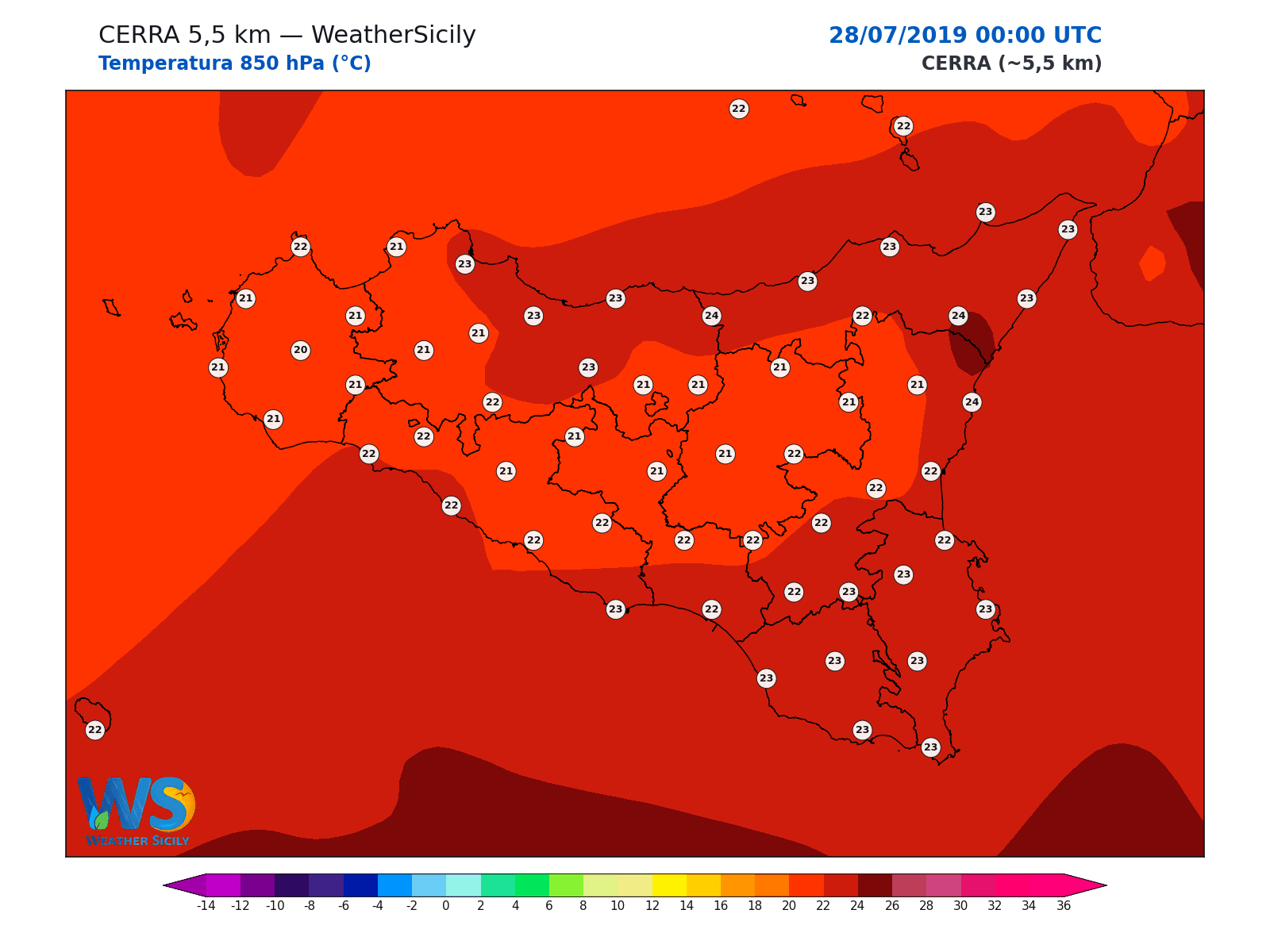 Temperatura a 850 hPa · 2019072800