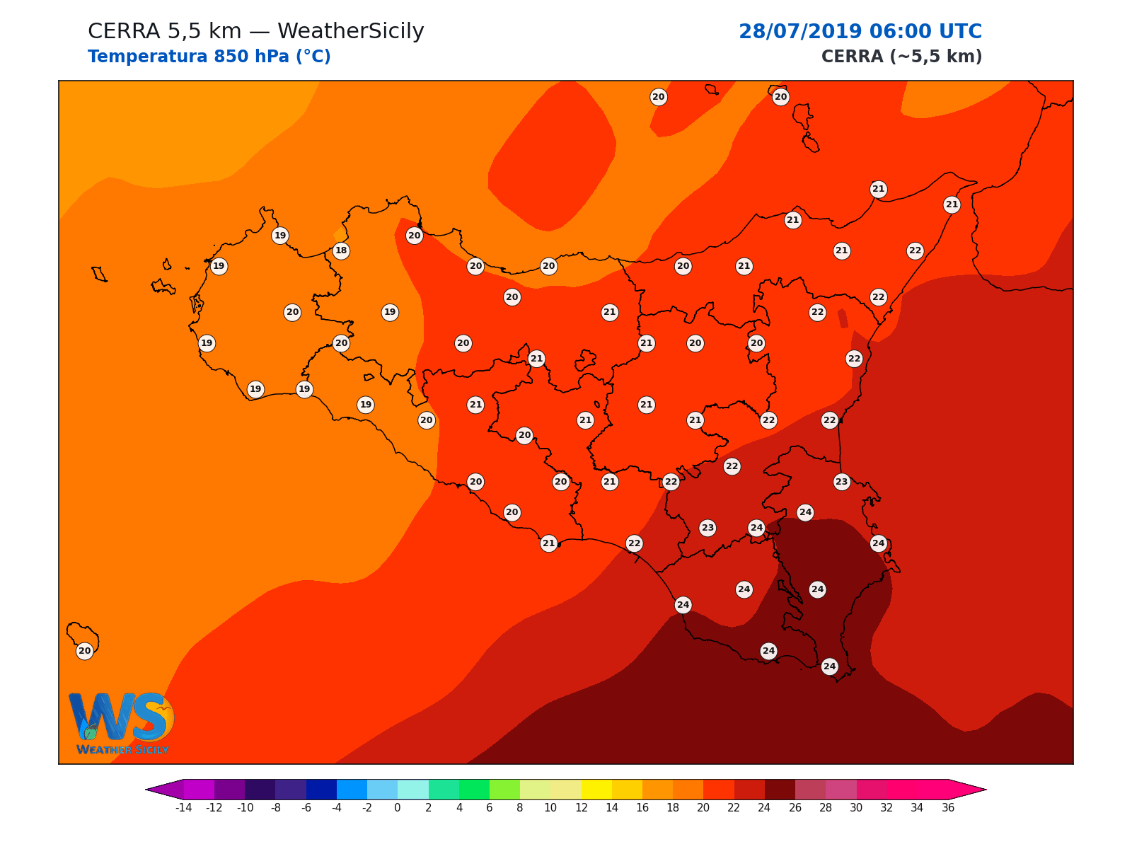 Temperatura a 850 hPa · 2019072806