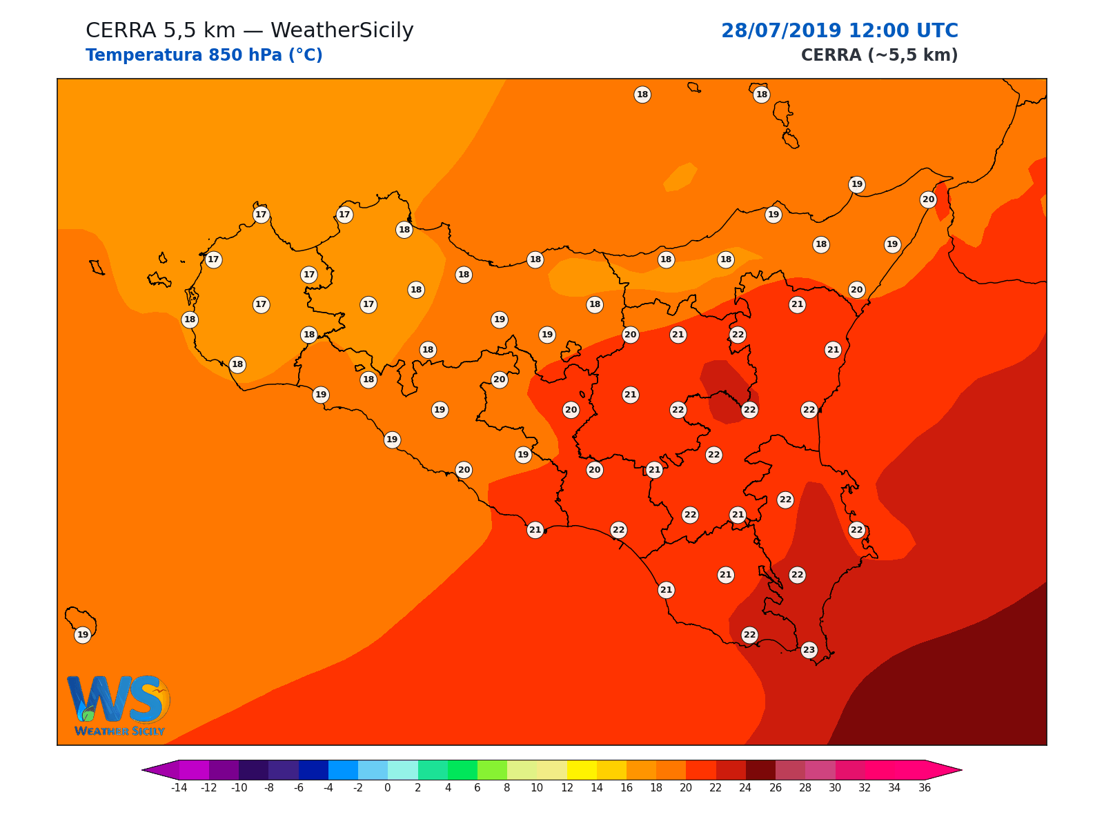 Temperatura a 850 hPa · 2019072812