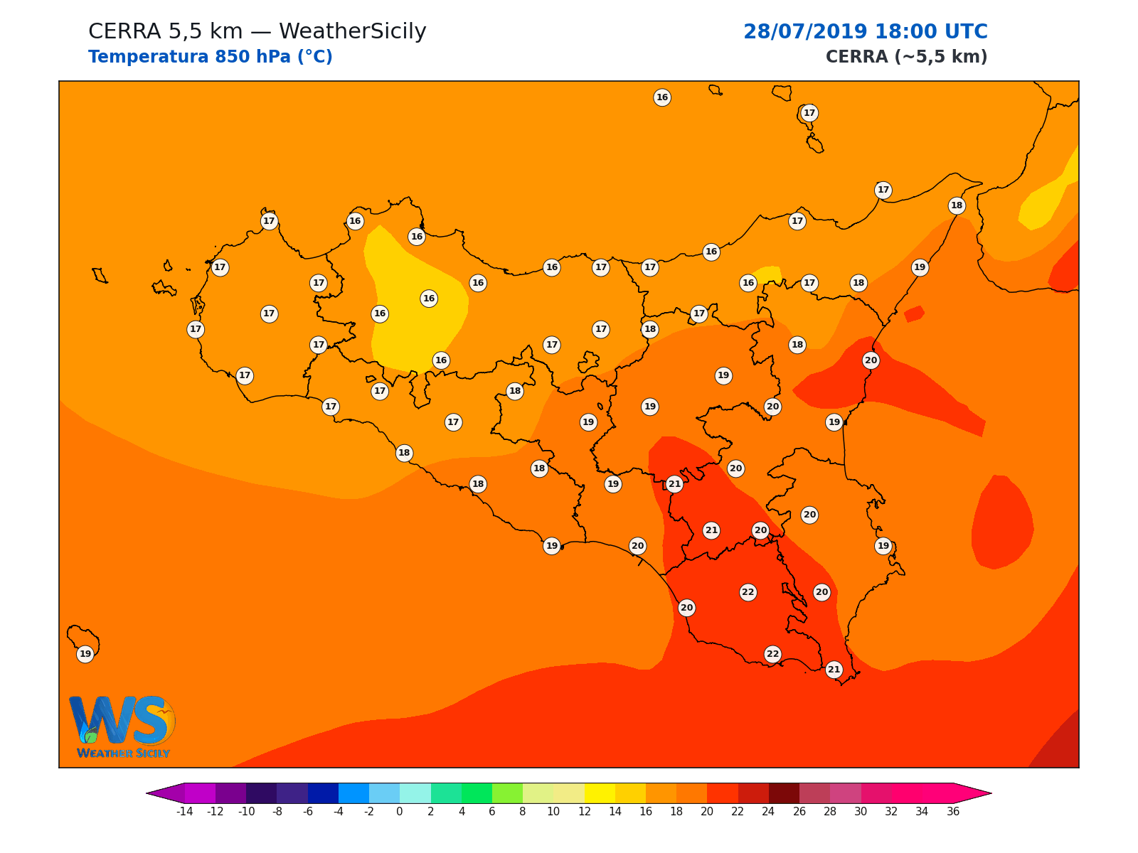 Temperatura a 850 hPa · 2019072818