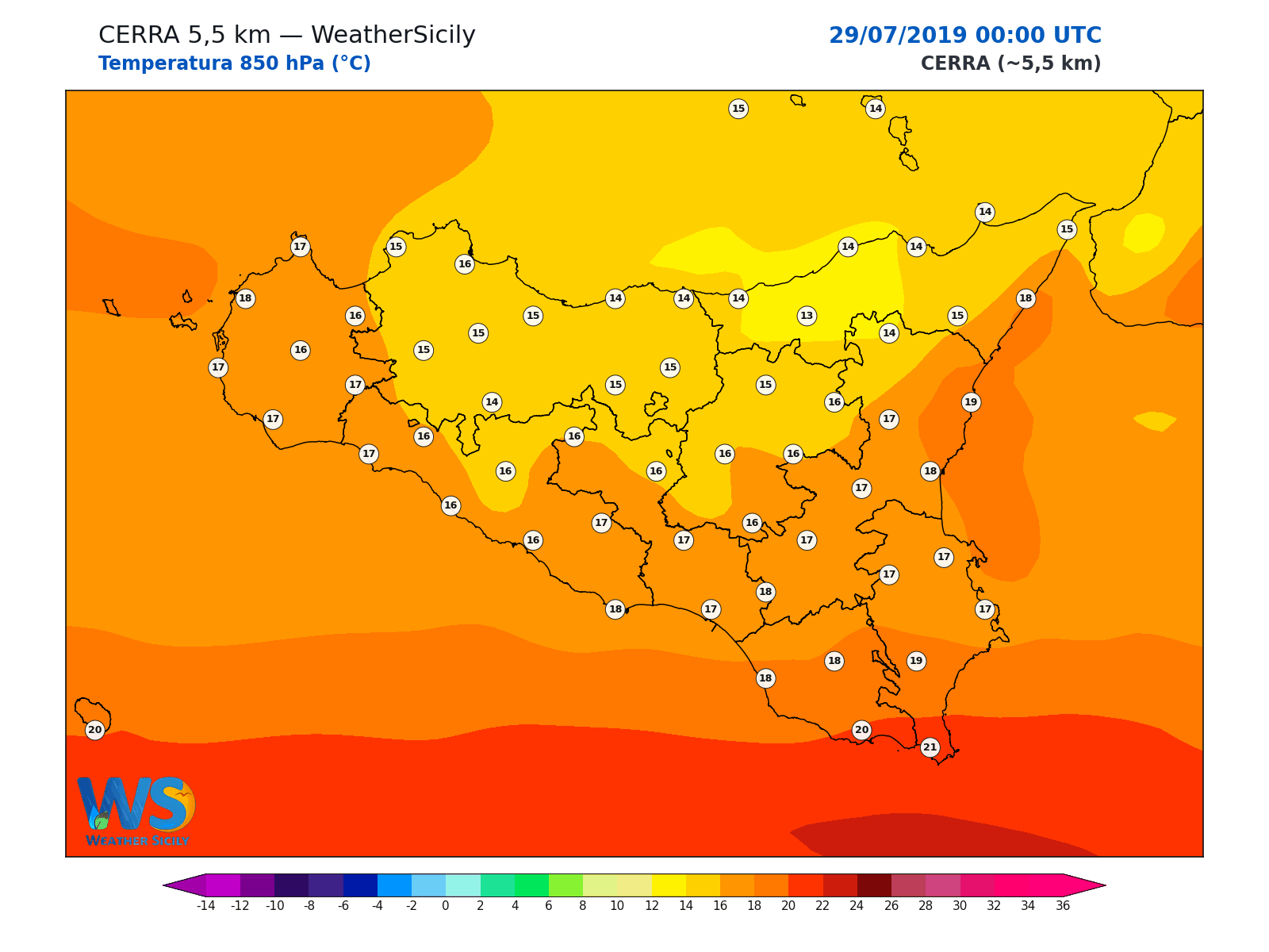 Temperatura a 850 hPa · 2019072900