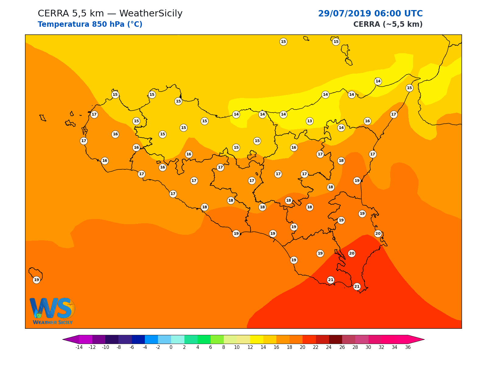 Temperatura a 850 hPa · 2019072906