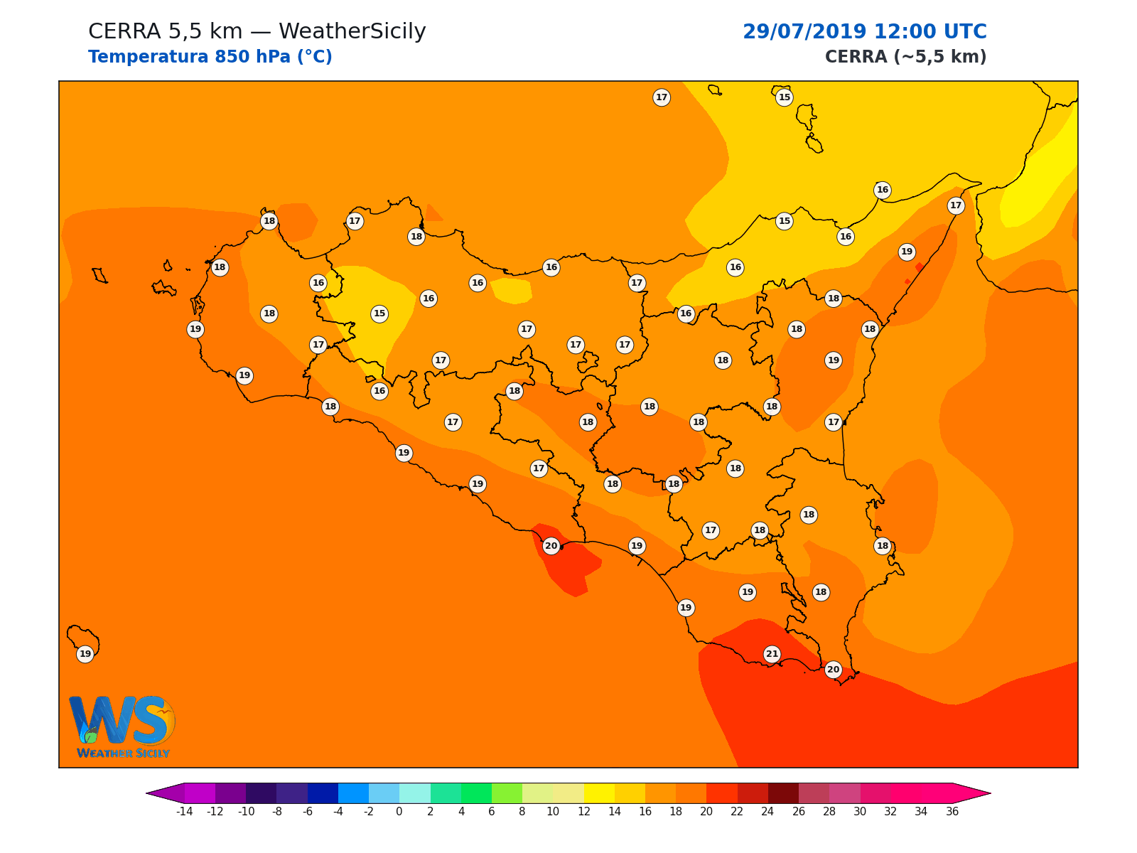Temperatura a 850 hPa · 2019072912