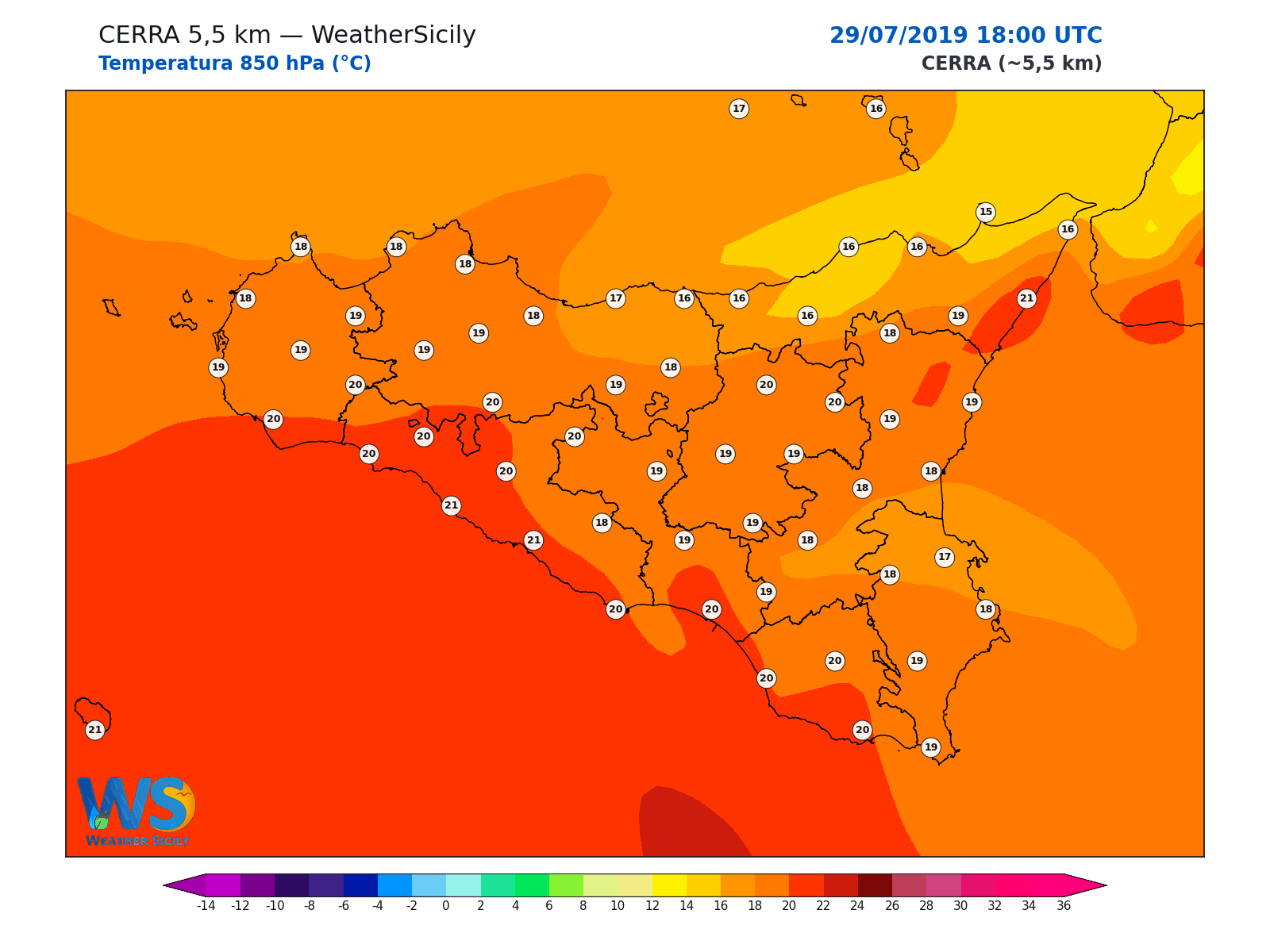 Temperatura a 850 hPa · 2019072918