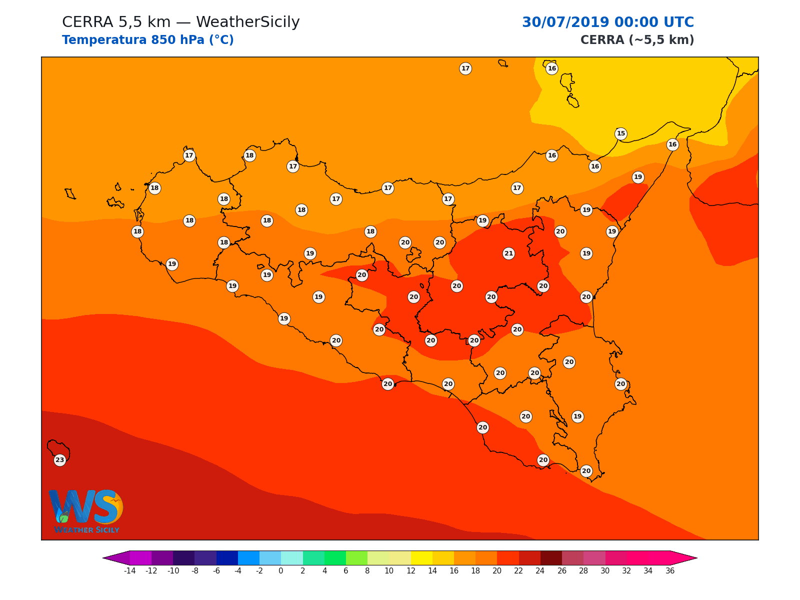 Temperatura a 850 hPa · 2019073000
