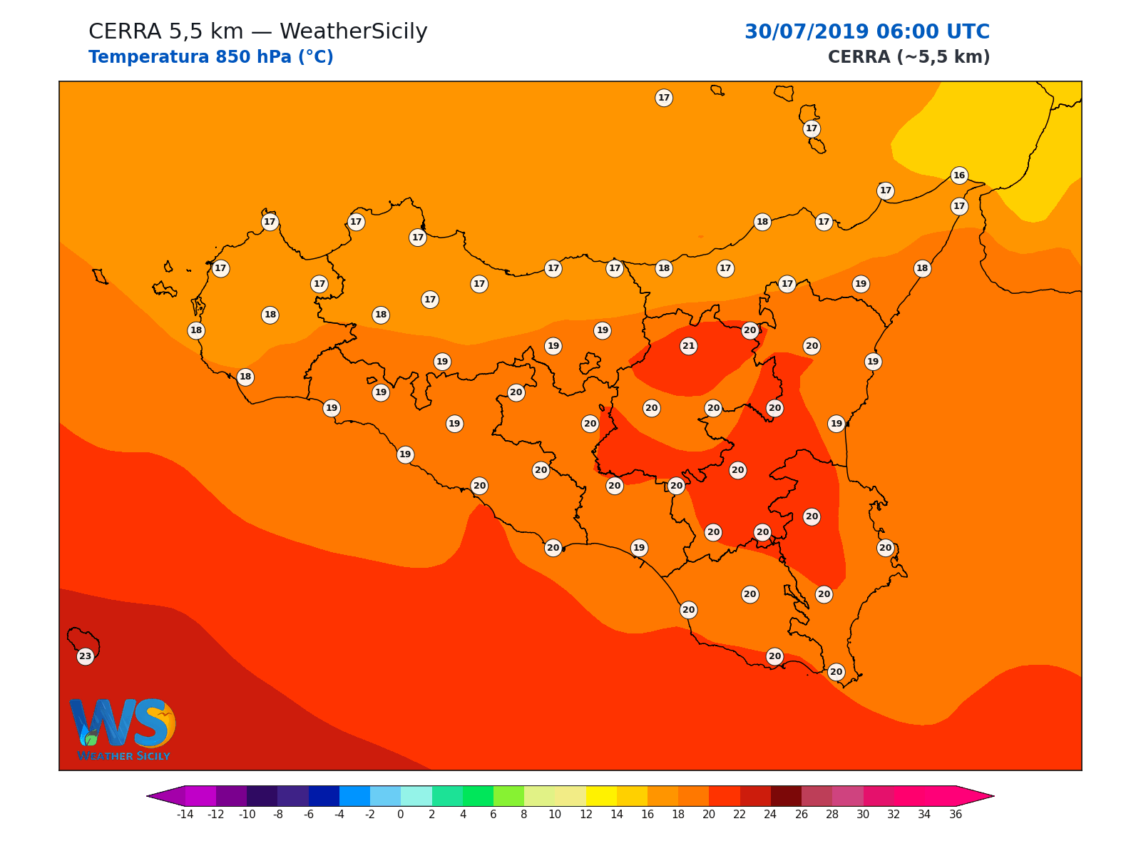 Temperatura a 850 hPa · 2019073006