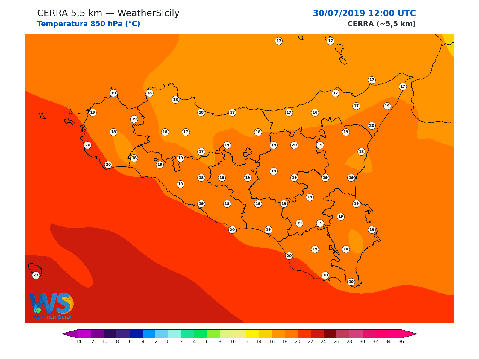 Temperatura a 850 hPa · 2019073012