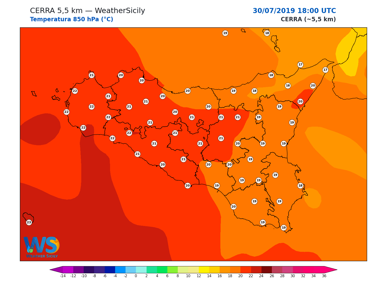 Temperatura a 850 hPa · 2019073018