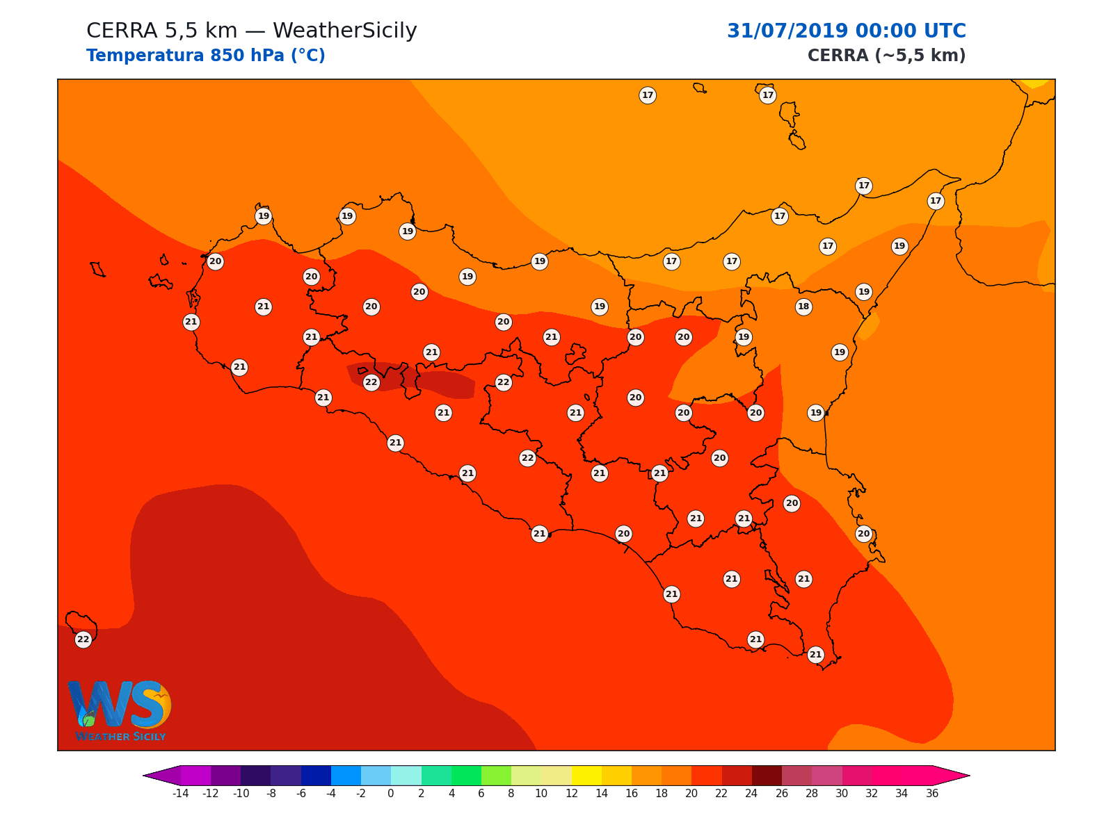 Temperatura a 850 hPa · 2019073100