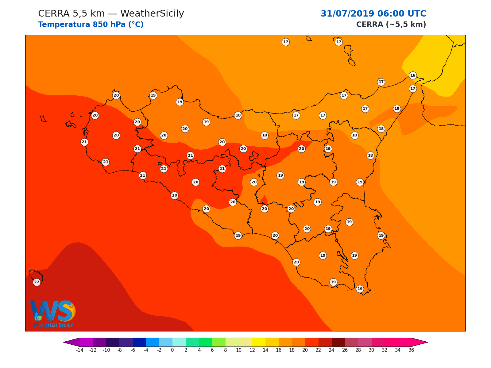 Temperatura a 850 hPa · 2019073106